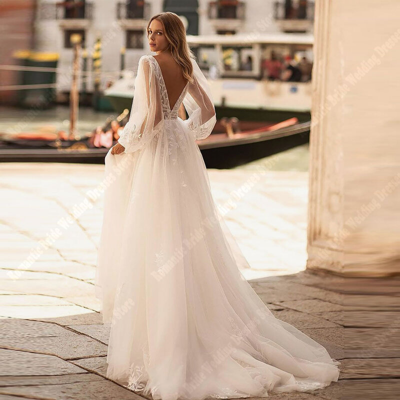 Gaun pernikahan wanita kerah V modis gaun pengantin pertunangan A-Line seksi putri gaun pesta pantai Formal Vestidos De Novias 2024