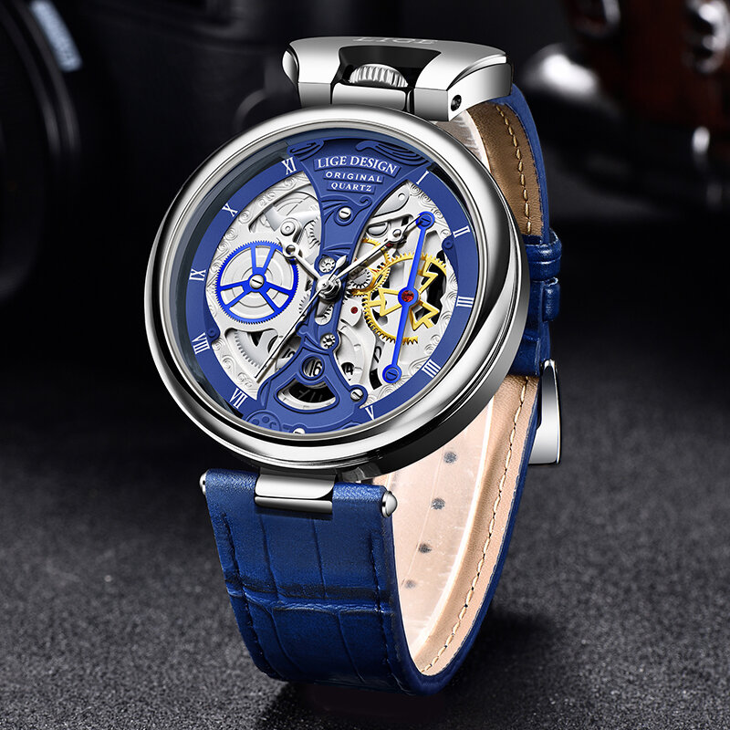 นาฬิกาควอทซ์นาฬิกาข้อมือสำหรับผู้ชายสุดสร้างสรรค์ Lige นาฬิกาแฟชั่นลำลองกันน้ำออกเดตอัตโนมัติสายหนังนาฬิกาหรูของขวัญสุภาพบุรุษสำหรับผู้ชาย + กล่อง