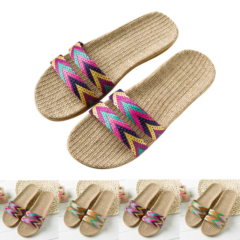 Home Indoor Slippers Open Toe Mixed Colors Women Beach Linen Shoes 2023 Summer Fashion All Match Comfortable Flat Slippers