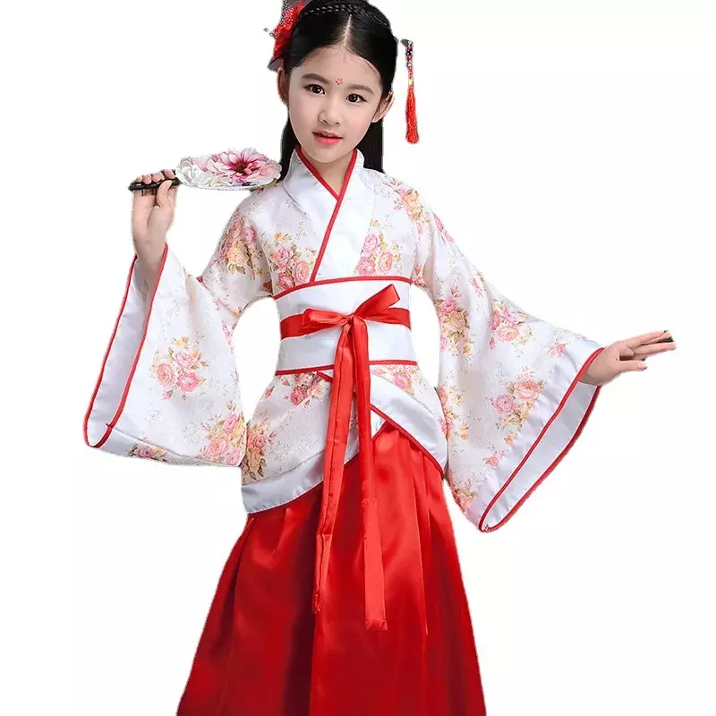 Disfraz de Bata de seda China para niñas y niños, Kimono chino tradicional, Vintage, étnico, abanico, estudiantes, coro, baile, Hanfu