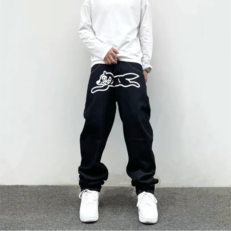 Jeans neri stampati y2k pantaloni a vita alta alla moda alla moda casual lavati dritti hip-hop da uomo retrò in vendita calda