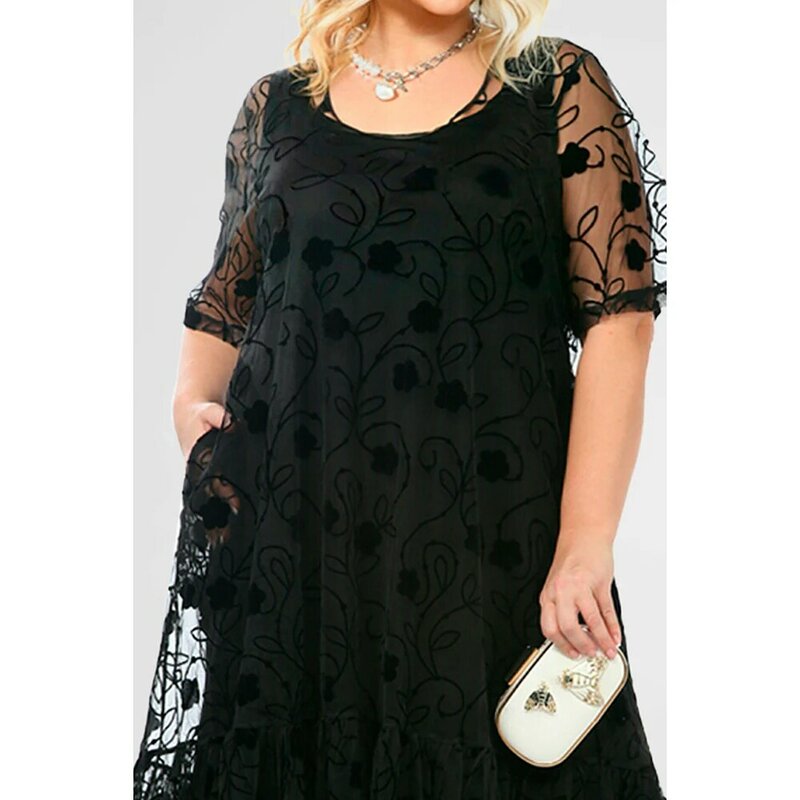 Plus rozmiar półformalna czarna organza kwiatowy haft Halloween sukienka midi