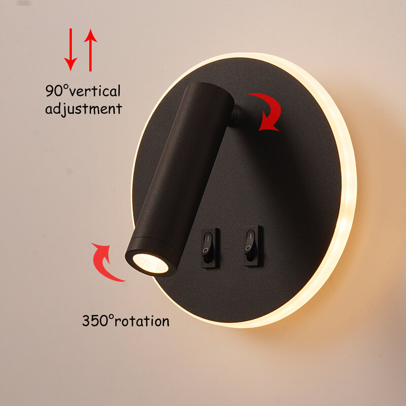Lámpara de pared ajustable con interruptor, candelabro de lectura con rotación de 350 grados, 3W, 10W, para dormitorio, hotel, cabecera, estudio