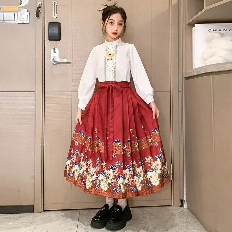 Hanfu meninas novo estilo antigo ru saia, República da China roupas, desempenho do dia nacional das crianças finas, primavera e outono