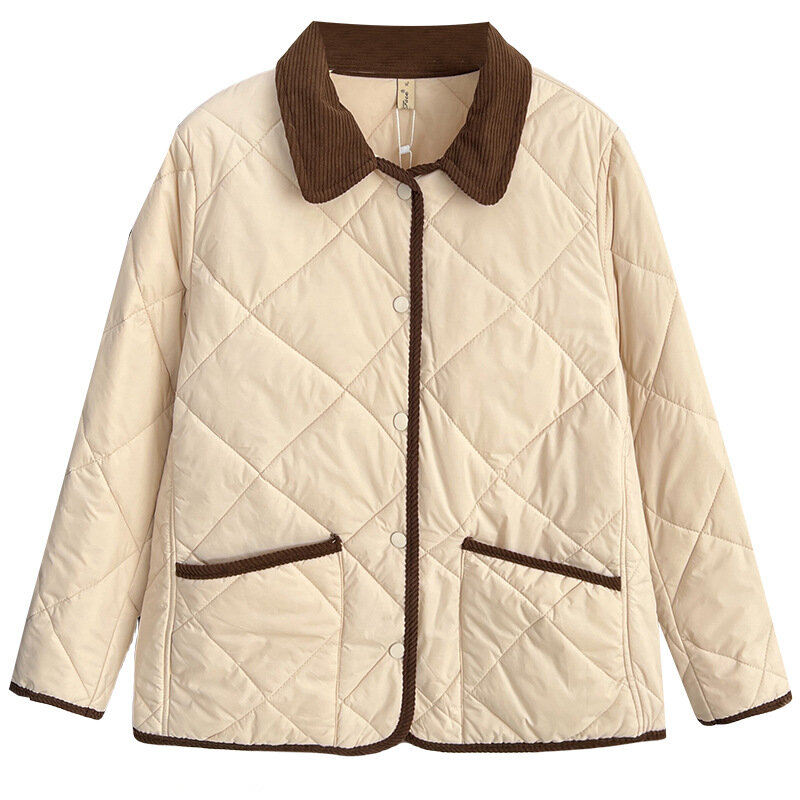 플러스 사이즈 여성용 캐주얼 따뜻한 파카, 심플한 배색 라펠 얇은 면 패딩 코트, 가을 및 겨울 100kg
