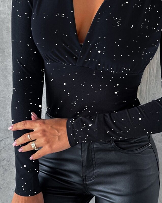 Sexy Deep V-Neck Crossed T-Shirt for Women New Spring Solid Color Glitter Plunge Ruched Long Sleeve Womens Blouse High Stretch