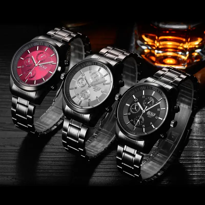 최고 브랜드 남자 쿼츠 시계 스테인레스 스틸 블랙 밴드 손목 시계, 방수 군사 시계