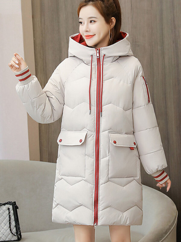 パーカー-女性の冬のジャケット,ロングコート,フード付き,厚くて暖かい,防風,カジュアル,学生のコート,2023