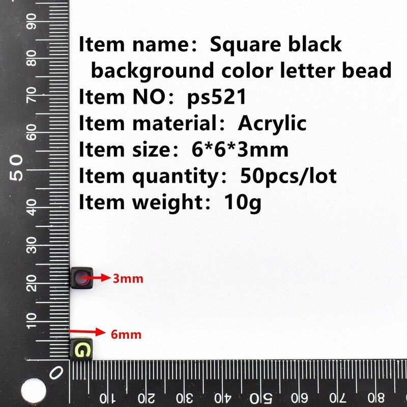 Cuentas de letras acrílicas para fabricación de joyas, abalorios cuadrados de fondo negro, 6x6x3mm, 50 unidades por lote
