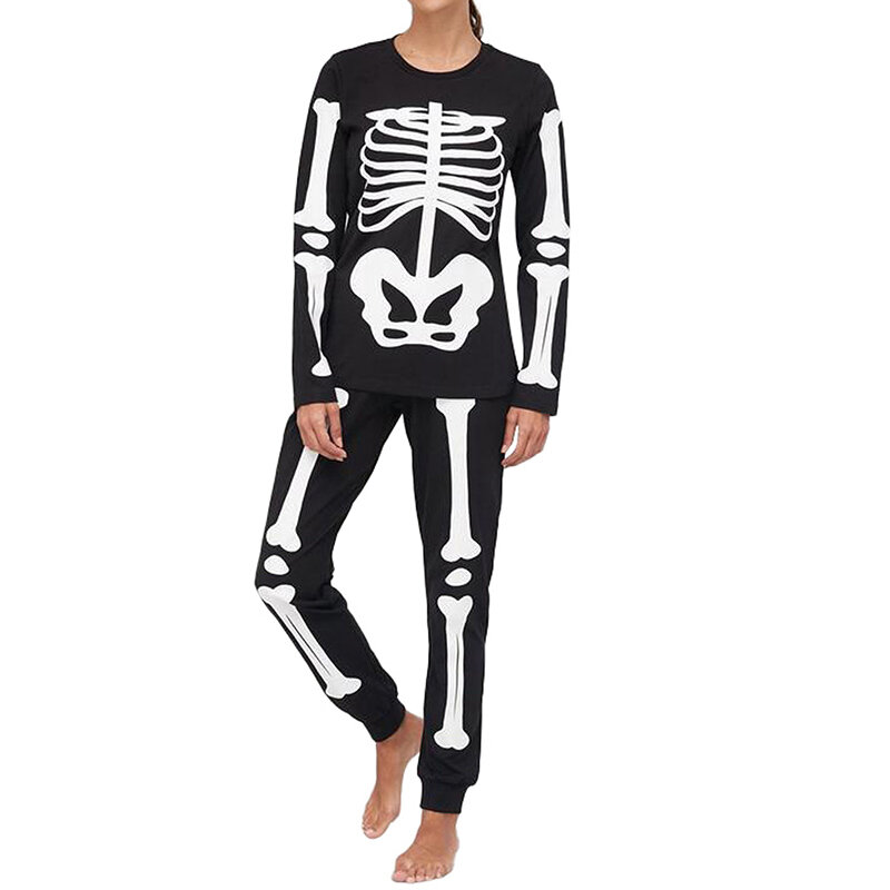 Pijamas a juego para la familia de Halloween, Tops de manga larga con estampado de calavera y esqueleto, pantalones casuales elásticos, ropa de dormir para adultos y niños