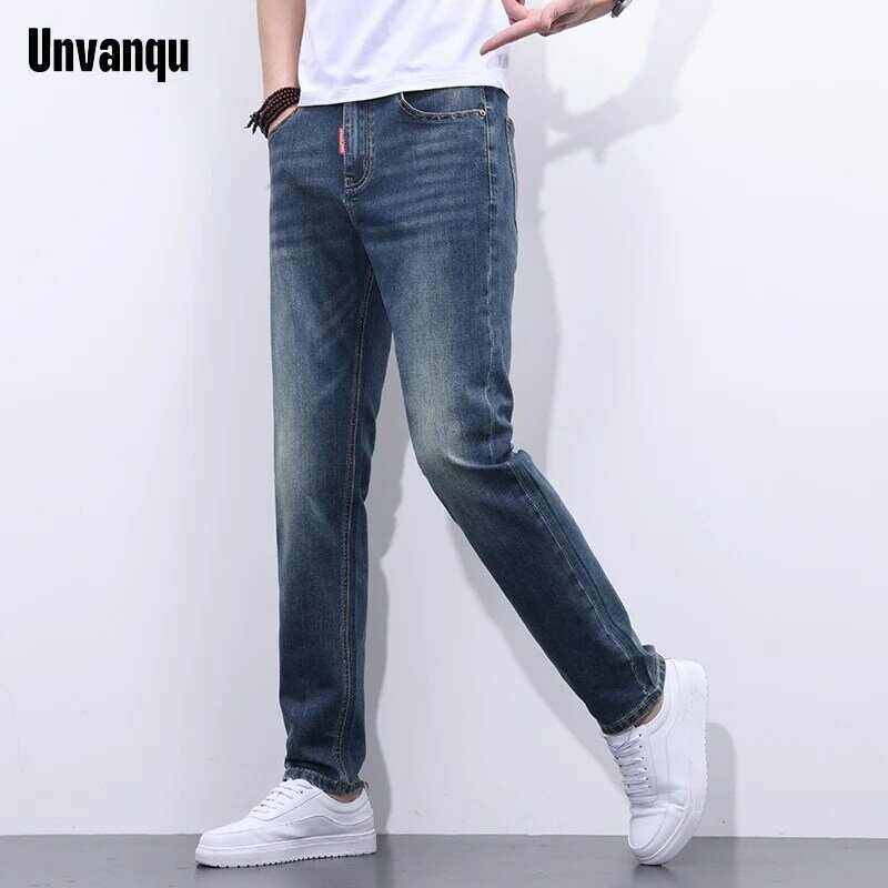 Unvanqu wysokiej jakości jeansy w stylu Vintage Y2K męskie wiosna lato nowa moda prosta spodnie Slim biurowa casualowe spodnie jeansowe biznesowa