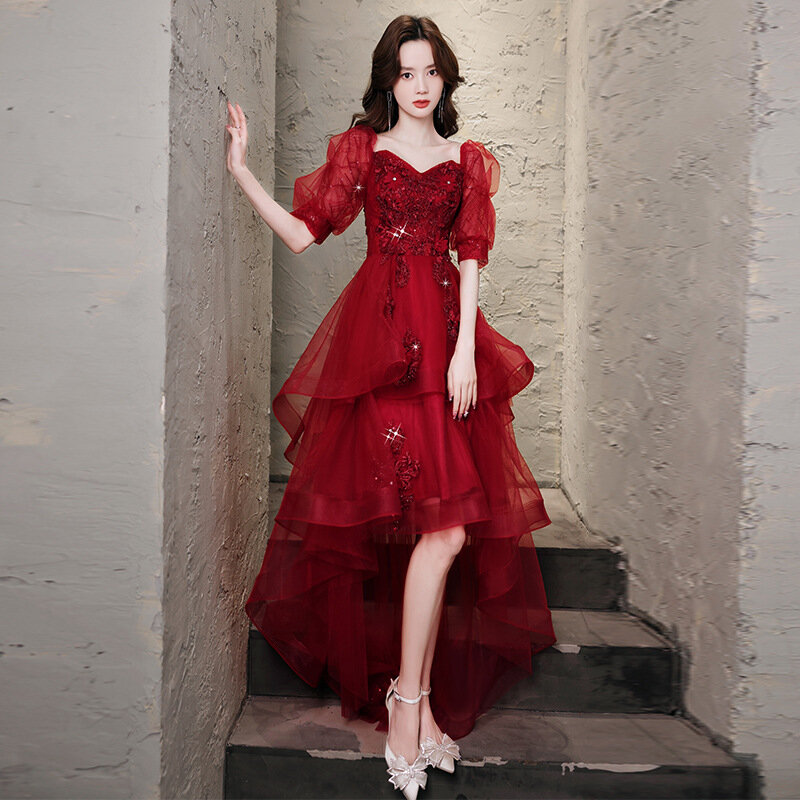 Vestido de noche de tul de Color rojo vino para mujer, apliques, vendaje, hombros descubiertos, vestidos de novia exquisitos, vestido Formal moderno elegante