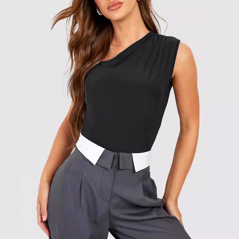 Europe and The United States Summer New Women's Sexy Fashion Slim-fit Oblique Collar Single Shoulder Sleeveless Pleated Jumpsuit