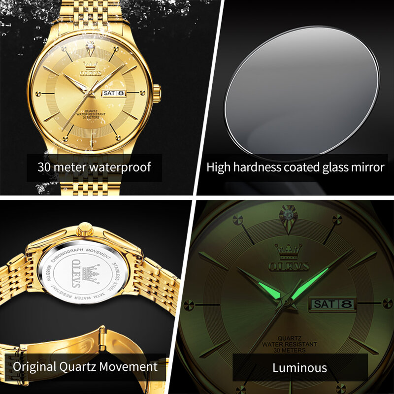 OLEVS Luxury Original Men's Watches Stainless Steel Strap Waterproof Quartz Watch Luminous Calendar Week Fashion Watch for Men
