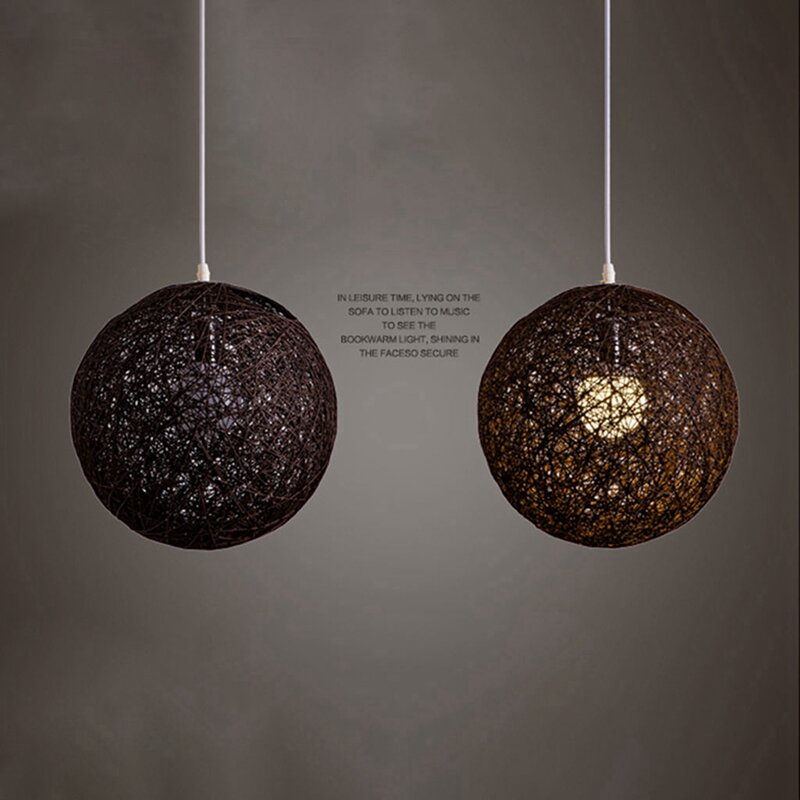 3X Coffee Bamboo, Rattan And Jute Ball Chandelier Individual Creativity Spherical Rattan Nest Lampshade