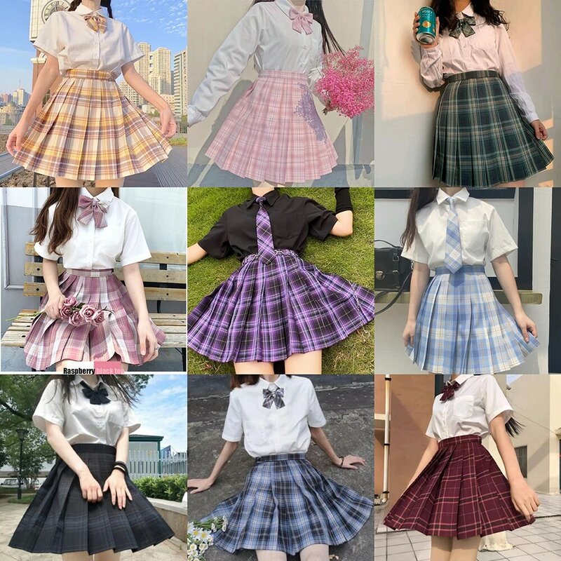 Seragam sekolah gadis rok berlipat seragam sekolah Jepang pinggang tinggi rok kotak-kotak A-Line seragam JK seksi untuk wanita set lengkap