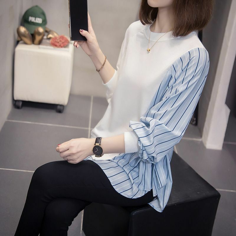 Korean Fashion Striped Print Patchwork Lace Up Loose Street Female Sweatshirt Spring Autumn Women Casual O Neck Long Sleeve Tops