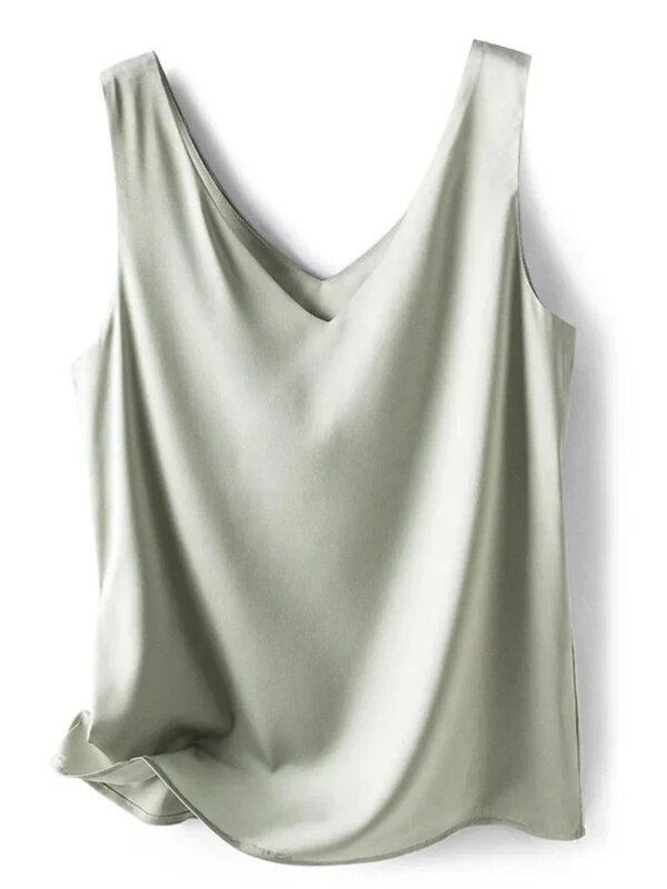 Kaus wanita sutra elegan blus Satin tanpa lengan wanita musim panas 2024 kaus longgar kasual dan atasan hijau polos untuk wanita