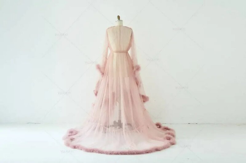 Fashion Fur Bathrobe Women's Feather Bathrobe Gown Edge Tulle Illusion Long Bridal Robe Wedding Nightgown Sleepwear