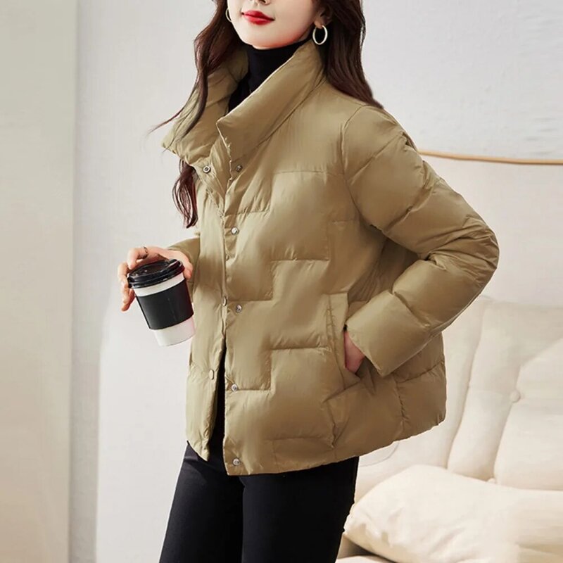 여성용 2023 솔리드 스탠드 칼라 격자 무늬 초경량 화이트 덕 다운 코트, 따뜻한 패딩 재킷, 가을 겨울