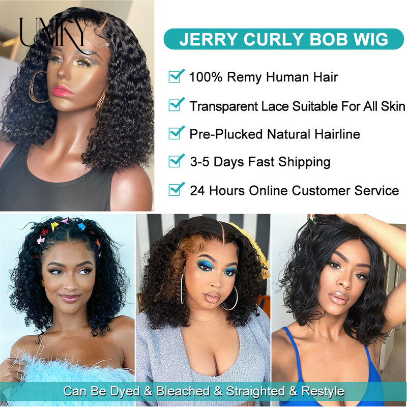 Pelucas de cabello humano rizado Jerry para mujer, peluca frontal de encaje transparente 13x4, peluca de cierre 4x4, peluca Bob corta, 8-14 pulgadas
