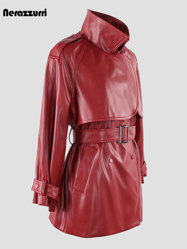Nerazzurri Spring Autumn Luxury Elegant Chic Soft Wine Red Faux Leather Trench Coat for Women Belt High Quality Clothing 2023