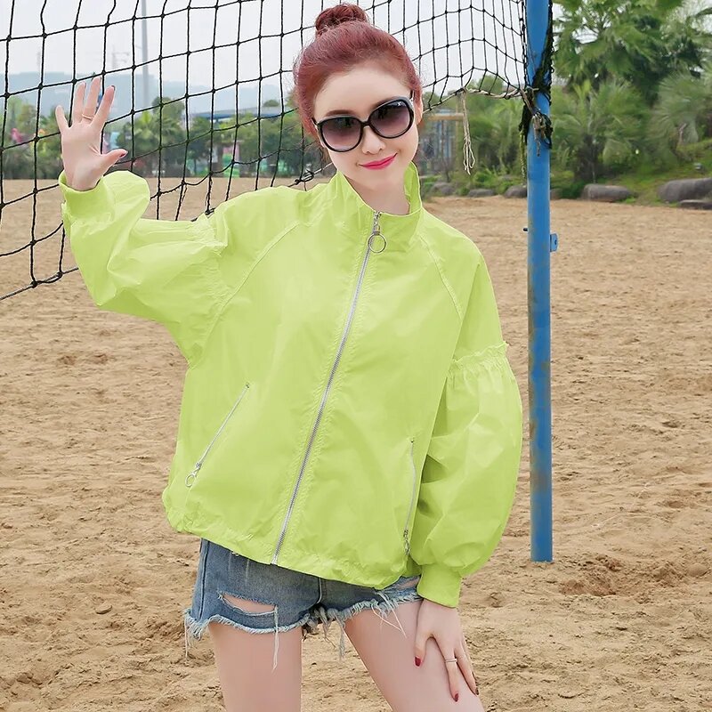 한국 여성 레저 스탠드업 칼라 지퍼, 긴팔 자외선 차단 탑 코트, 한국 루즈핏 프린팅 자외선 차단 재킷