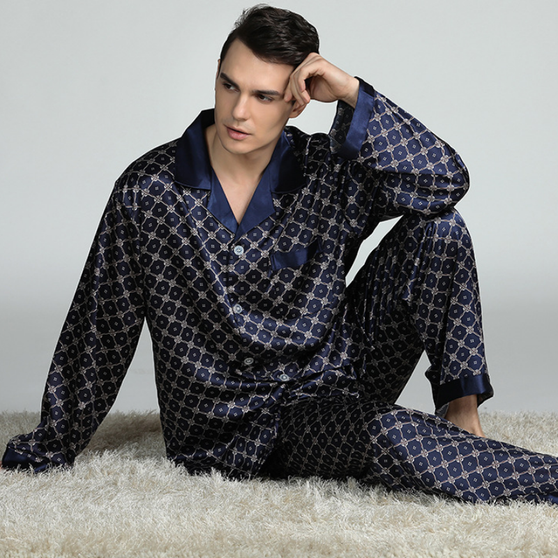 PLUS TAMANHO Pijama dos homens 2PCS Conjunto Pijamas Primavera Outono Manga Comprida Calças Pijamas Terno Solto Impressão de Cetim Seda Salão desgaste