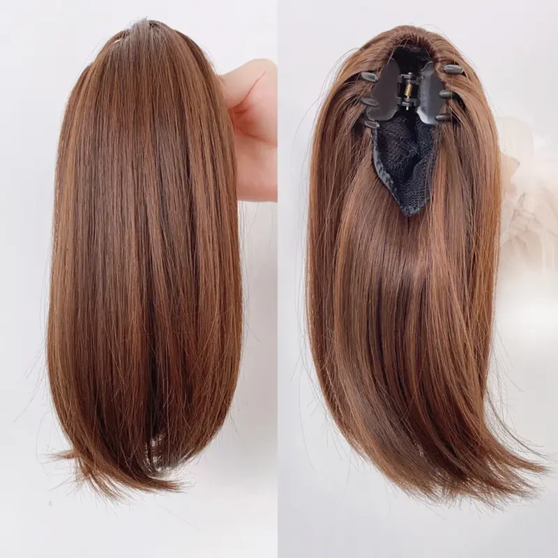 Женские короткие прямые парики на заколке, натуральные пушистые волосы для наращивания с небольшим деформацией конского хвоста, 38 см