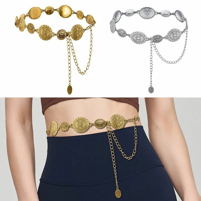 Cinturón ajustado de Metal para mujer, cadena de cintura, Retro, dorado/plateado, bohemio, Occidental, ajustable, decorado