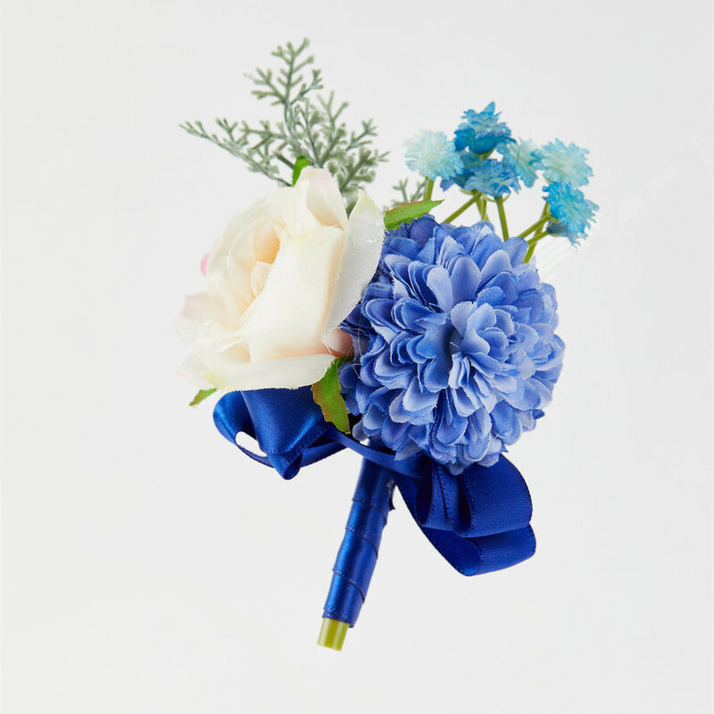 Meldel stanik oblubieniec Boutonniere przypinka bukiecik na nadgarstek panny młodej biała niebieska róża bransoleta wesele osobisty wystrój kwiatowy