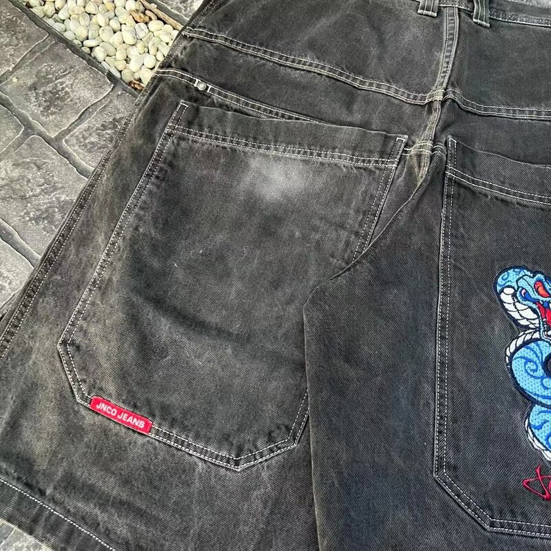 JNCO-pantalones cortos holgados Y2K para hombre y mujer, Shorts vaqueros de gran tamaño con patrón de Hip Hop y Harajuku, ropa de calle de baloncesto gótica Retro