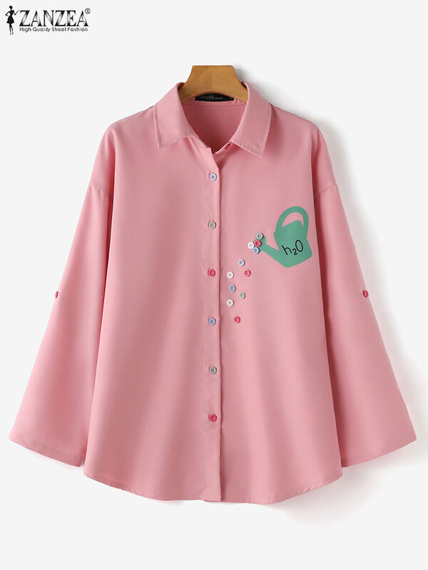 ZANZEA holgada-Blusa de manga larga con botones para mujer, camisa elegante con estampado, informal, con solapa, para verano, 2024