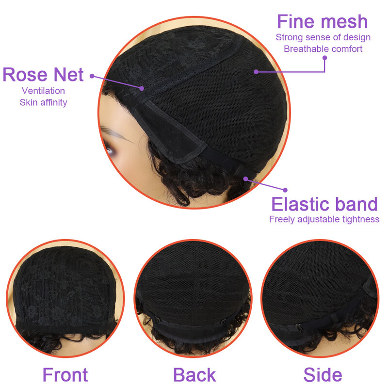 Perucas encaracoladas curto pixie corte de cabelo humano para as mulheres natural preto remy cabelo 150% densidade glueless barato parte lateral perucas humanas