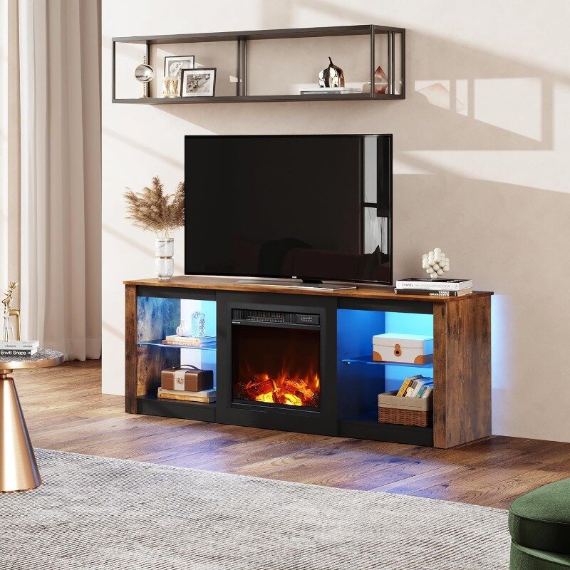 Kamin TV-Ständer für Fernseher bis 65 Zoll, elektrische Kamin TV-Konsole mit LED-Leuchten, moderner TV-Ständer