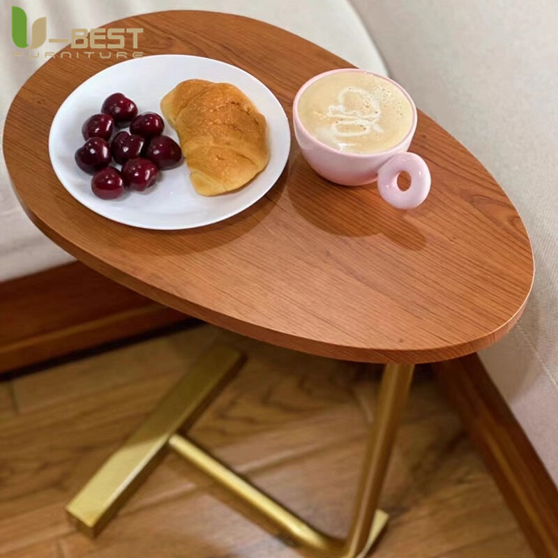 FSUBEST 100% Solid Wood Top Side Coffee Tea Table Sofa Corner Bedside Reading Oval Tables Simple Modern Lron Art Living Room
