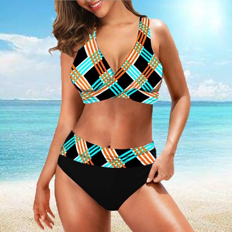 Two-piece Large Size High Waist Plaid Cross Bikini Swimsuit Deep V Sexy High Elastic Tight Women's Swimsuit with Chest Pad