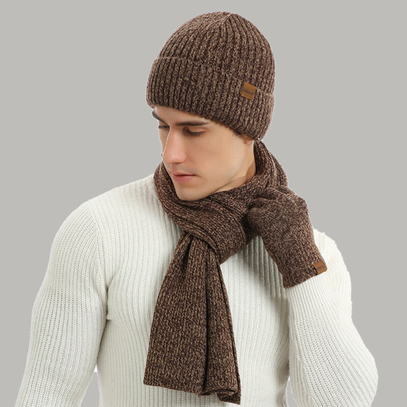 Męska jesień zima utrzymać ciepły zestaw Beanie rękawiczki szalik mężczyzna wełniana przędza dzianiny tłumik wiosna jesień kapelusz jednolity kolor szalik