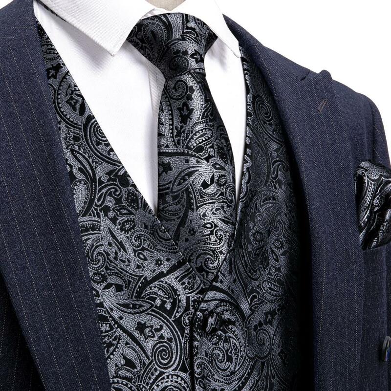 Chaleco elegante de seda para hombre, traje Floral Pasley negro y plateado, conjunto de corbata de pajarita, chaqueta sin mangas Formal, Barry Wang