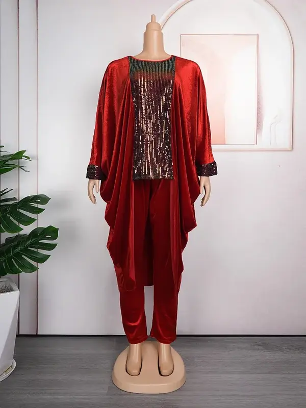Dubai African Luxury Velvet Dress Pants Suit Women Abayas Long Sleeve Tops Trouser 2 Piece Set Ladies Islamic Clothing Boubou