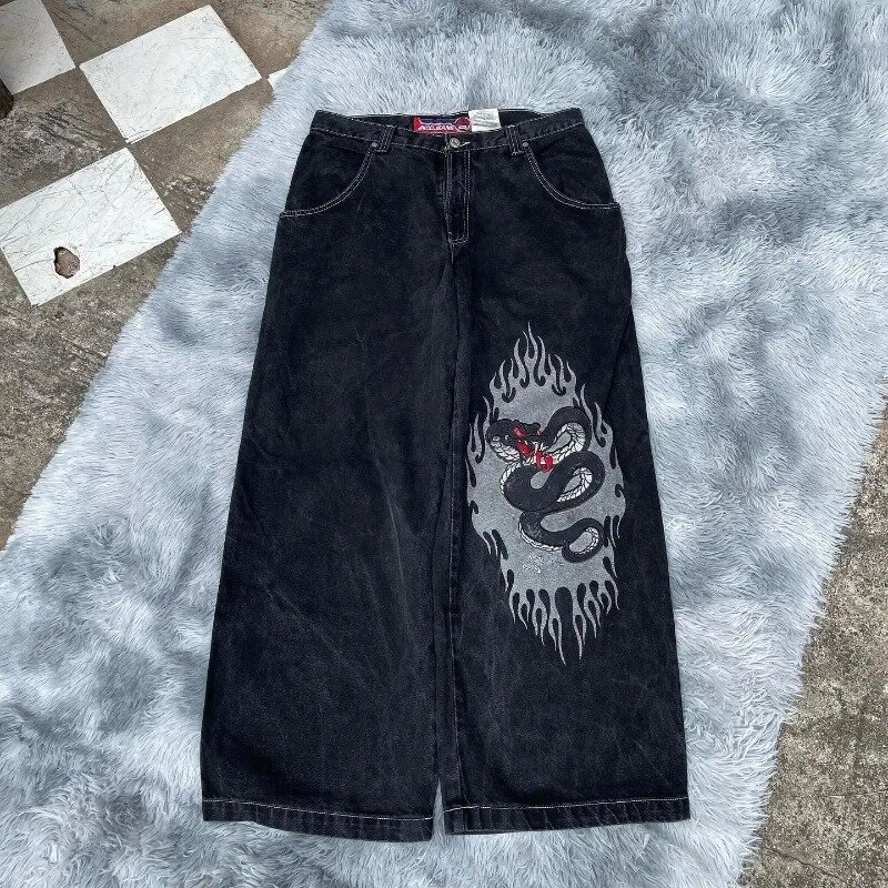 Джинсы с завышенной талией и широкими штанинами Y2k, уличные джинсы для мужчин и женщин, свободные черные джинсы в стиле хип-хоп с мультяшным принтом в стиле ретро