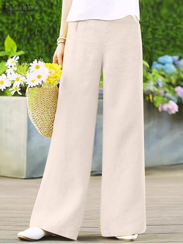 ZANZEA Solid Color Cotton Linen Long Trouser Elegant Vintage Plain 2024 Summer Slacks Casual Daily Women Pantalon Wide Leg Pantalon