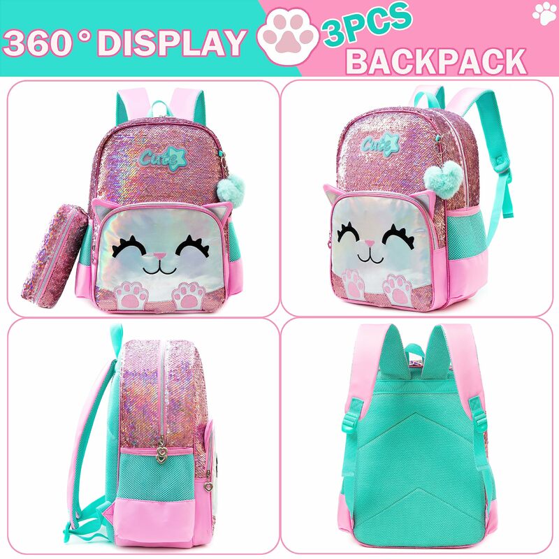 Meetbelify mochila lantejoula para alunos do jardim de infância elementar com lancheira, mochilas escolares fofas para meninas, gato rosa
