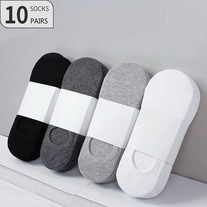 10 Paar Dunne Onzichtbare Katoenen Herensokken Hoge Kwaliteit Ademende Pure Kleur Sokken Mode Boot Sokken Siliconen Antislip Sok