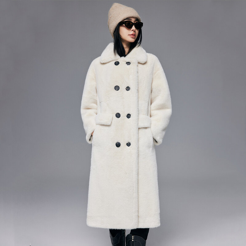 Mantel Bulu Asli Wanita Kualitas Tinggi 70% Mantel Wol Alami Pakaian Luar Panjang Ukuran Besar Longgar Elegan Tebal Hangat untuk Wanita