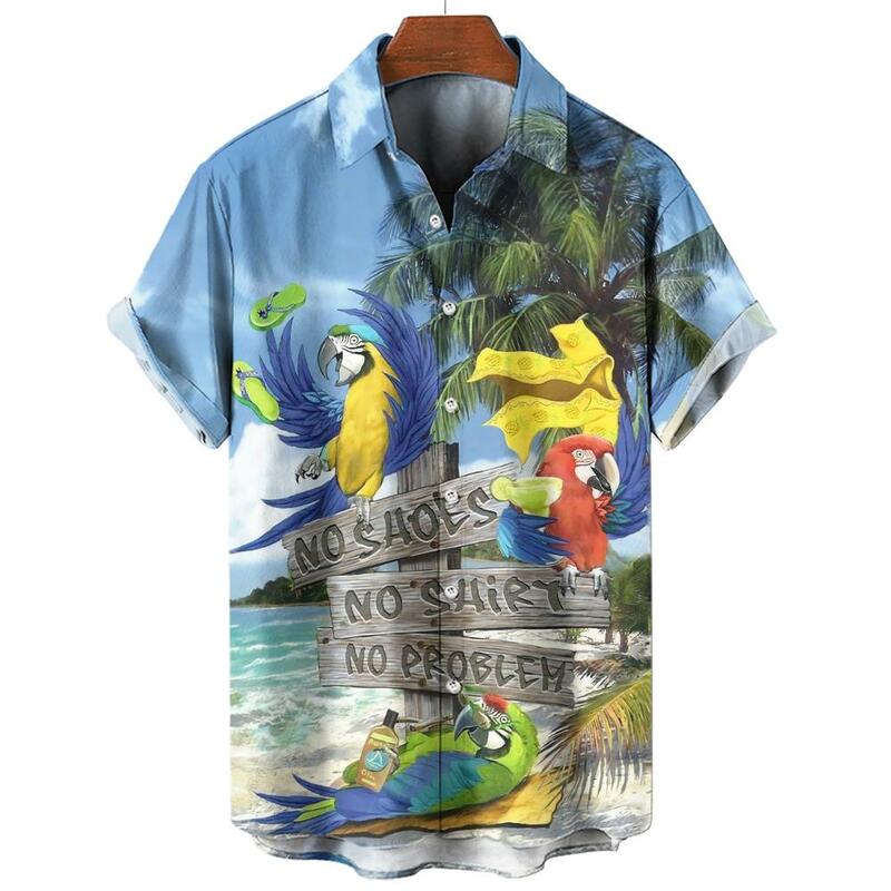 Camisas casuales con estampado 3d de loro para hombre, camisa hawaiana de moda, blusas de playa, Blusa de manga corta, camisa de solapa vocacional para niño