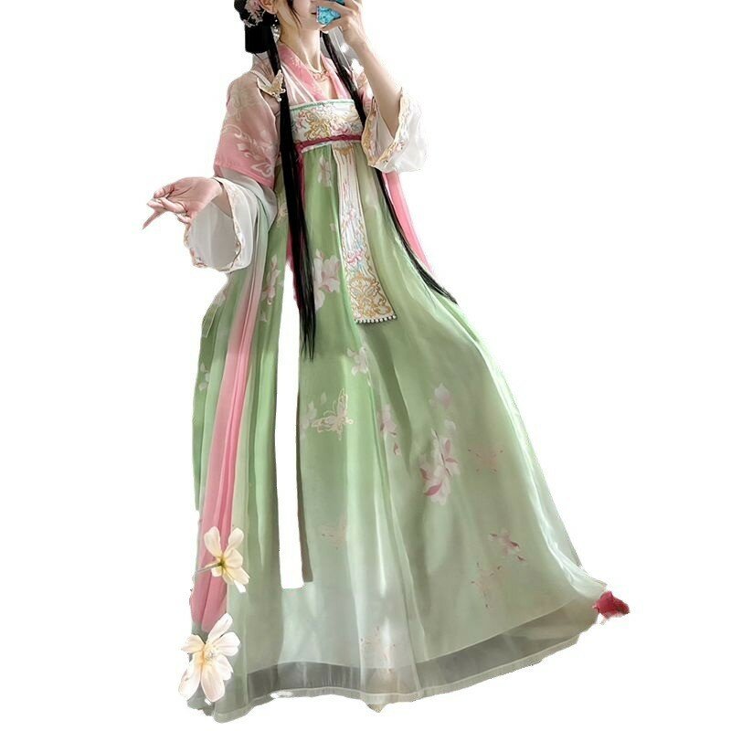 여성용 한족 중국 의류, 유디 가슴 길이 한복, 부러진 치마, 기계 자수 데일리 요소