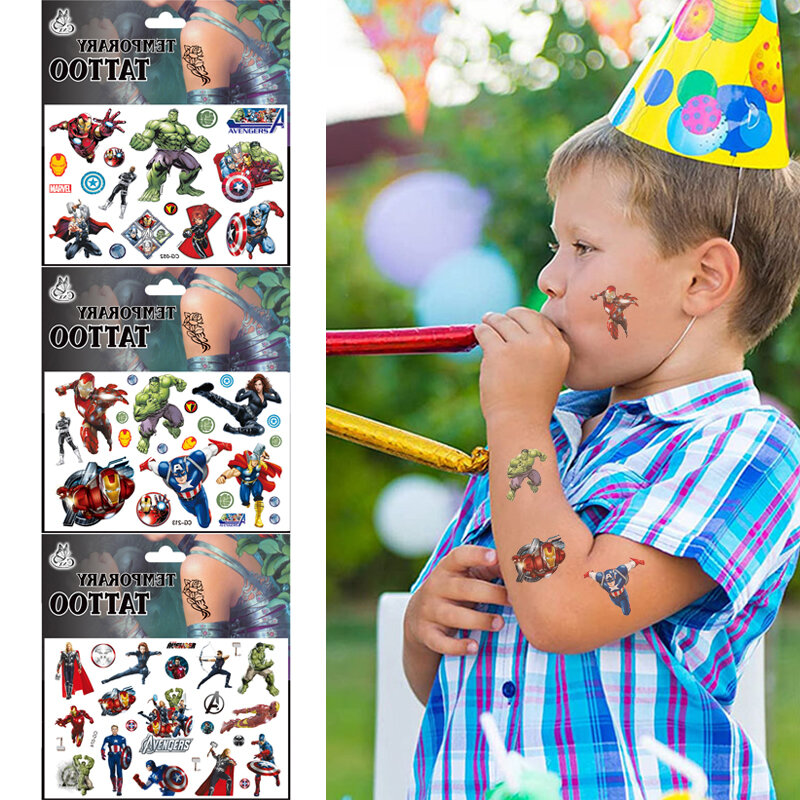 Stiker tato Avengers acak 2 buah, stiker kartun Super Hero lengan wajah bersinar seni tubuh tato sementara Anak hadiah anak-anak