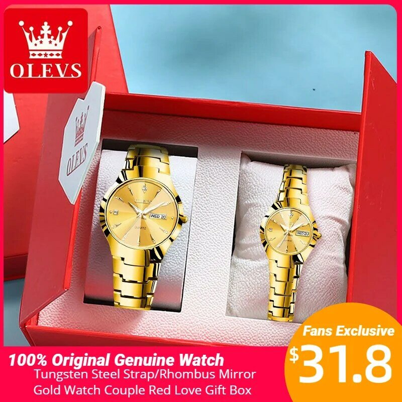 OLEVS-Homens e Mulheres Tungsten Aço Strap Quartz Watch, Casal Set, Espelho Losango, Impermeável, Data Display, Amante Relógios de Pulso