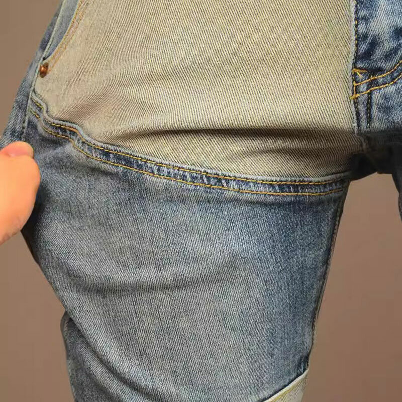 High Street Fashion Men Jeans Retro Washed Blue Stretch Slim Fit Patched Ripped Jeans Men Spliced Designer Hip Hop Denim Pants